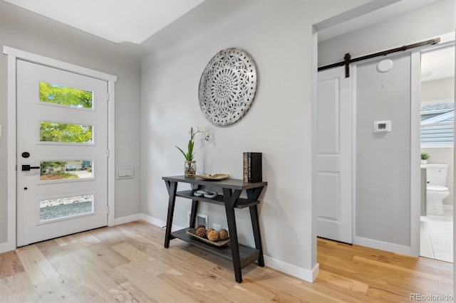 interior space featuring a barn door, a healthy amount of sunlight, and light wood-type flooring