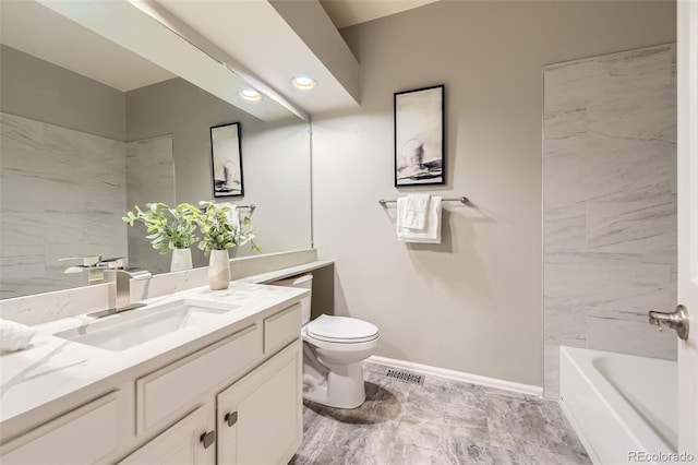 bathroom with vanity, recessed lighting, toilet, baseboards, and visible vents