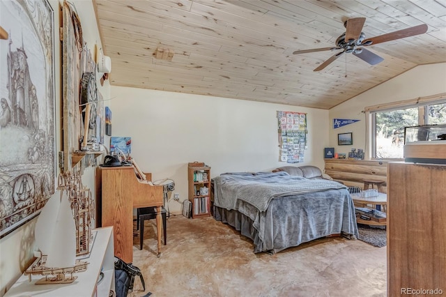 bedroom with wood ceiling, ceiling fan, vaulted ceiling, and concrete floors