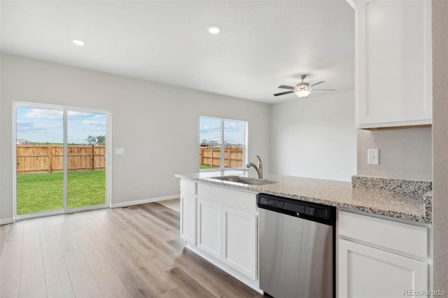 kitchen featuring white cabinets, stainless steel dishwasher, ceiling fan, and sink