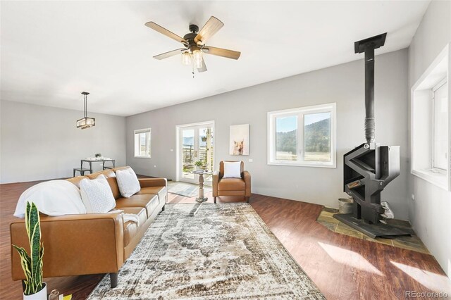 224 Lakeview Forest Hts, Florissant, CO 80816 - living room with a wood stove, a ceiling fan, plenty of natural light, and wood finished floors