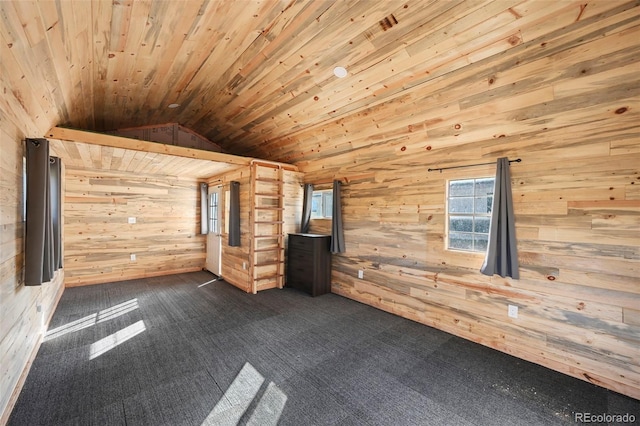 224 Lakeview Forest Hts, Florissant, CO 80816 - empty room featuring wood walls, dark carpet, healthy amount of natural light, vaulted ceiling, and wooden ceiling