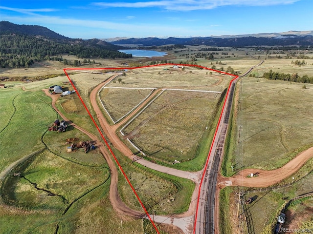 224 Lakeview Forest Hts, Florissant, CO 80816 - overview of rural landscape with property parcel outlined and a water and mountain view