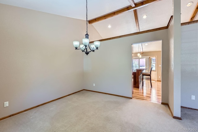 unfurnished room featuring an inviting chandelier, recessed lighting, light carpet, vaulted ceiling with beams, and baseboards