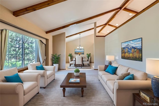 living area featuring recessed lighting, vaulted ceiling with beams, and a notable chandelier