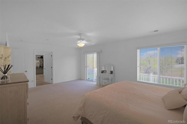 21229 E 50th Ave, Denver, CO 80249 - bedroom featuring a ceiling fan, a walk in closet, light carpet, visible vents, and access to outside
