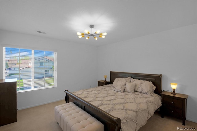 21229 E 50th Ave, Denver, CO 80249 - bedroom featuring baseboards, light carpet, an inviting chandelier, and visible vents
