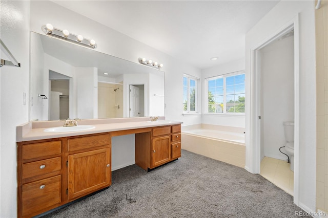 4064 S Himalaya Way, Aurora, CO 80013 - full bath with double vanity, carpet flooring, a bath, and a shower