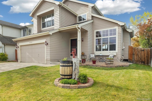 view of front facade featuring fence, concrete driveway, a front lawn, and a garage