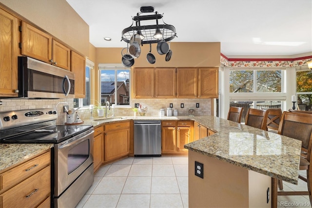kitchen featuring backsplash, a sink, a peninsula, stainless steel appliances, and a wealth of natural light
