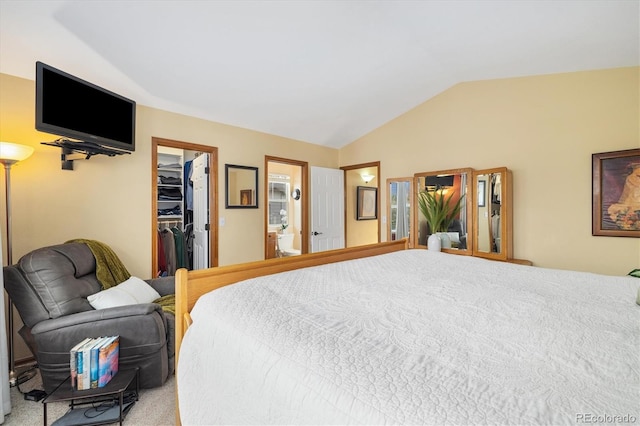 bedroom featuring a closet, carpet, lofted ceiling, and a spacious closet