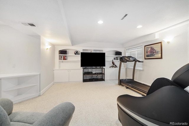 workout area featuring visible vents, recessed lighting, built in shelves, and light colored carpet