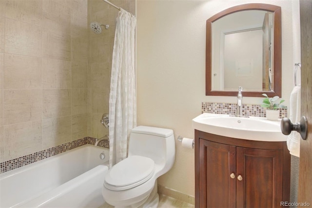 6505 Kalua Rd Unit 104B, Boulder, CO 80301 - bathroom with vanity, shower / tub combo with curtain, and decorative backsplash