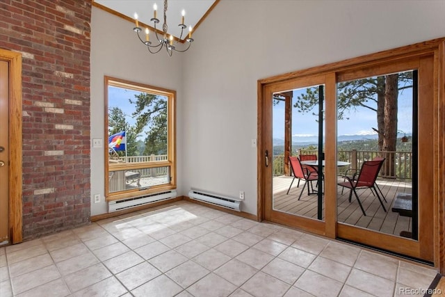doorway with an inviting chandelier, light tile patterned flooring, high vaulted ceiling, and baseboard heating