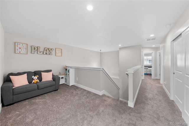 12214 Stone Timber Ct, Parker, CO 80134 - living area with an upstairs landing, carpet flooring, and recessed lighting