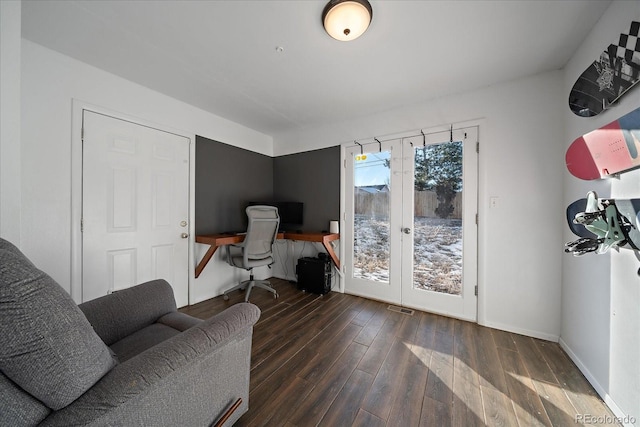 office area featuring french doors and dark wood-type flooring