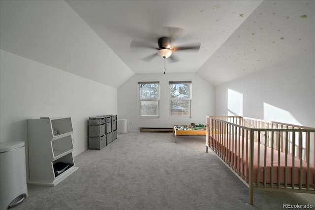 interior space with ceiling fan, light colored carpet, lofted ceiling, and a baseboard radiator