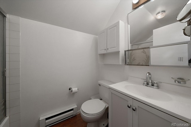 bathroom featuring a baseboard radiator, wood-type flooring, vaulted ceiling, toilet, and vanity