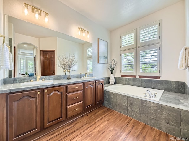 10050 Eagle Valley Way, Highlands Ranch, CO 80129 - bathroom with healthy amount of natural light, wood finished floors, double vanity, and a bath