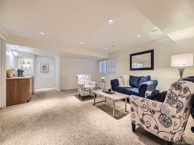 10050 Eagle Valley Way, Highlands Ranch, CO 80129 - living area with light colored carpet, recessed lighting, and crown molding