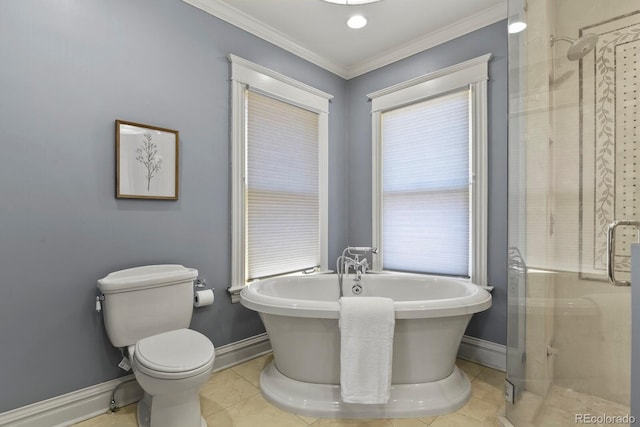 bathroom featuring toilet, a stall shower, baseboards, and ornamental molding