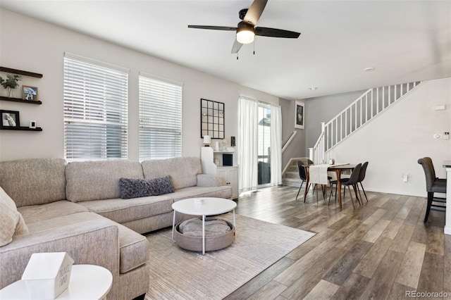 living room featuring ceiling fan and wood-type flooring