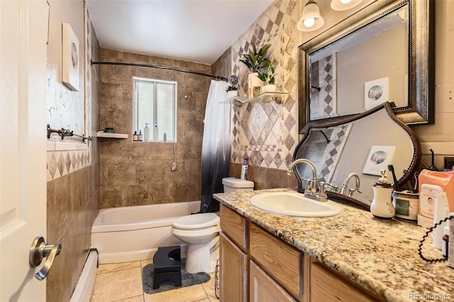 full bathroom with shower / tub combo with curtain, baseboard heating, vanity, tile patterned floors, and toilet