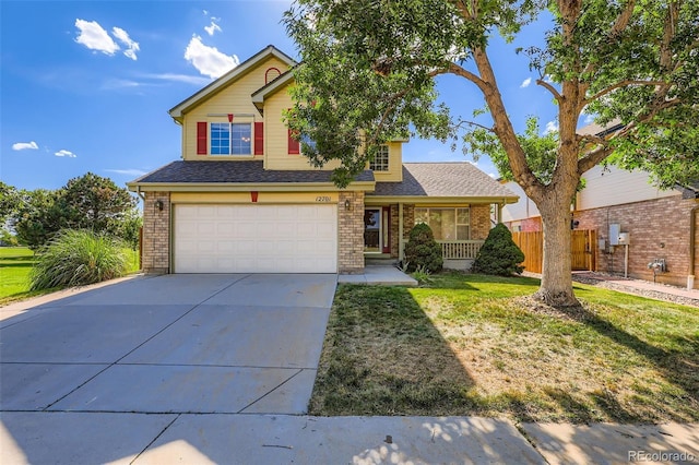 12701 Elm Ln, Broomfield, CO 80020 - traditional home featuring a garage, concrete driveway, brick siding, and a porch