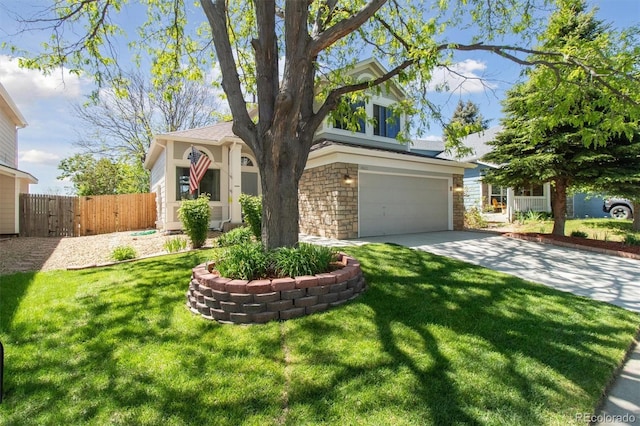 1462 Marigold Dr, Lafayette, CO 80026 - obstructed view of property featuring a garage, concrete driveway, stone siding, and a gate
