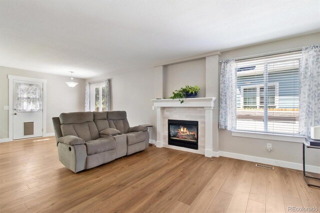 1462 Marigold Dr, Lafayette, CO 80026 - living area with a fireplace, light wood finished floors, and baseboards