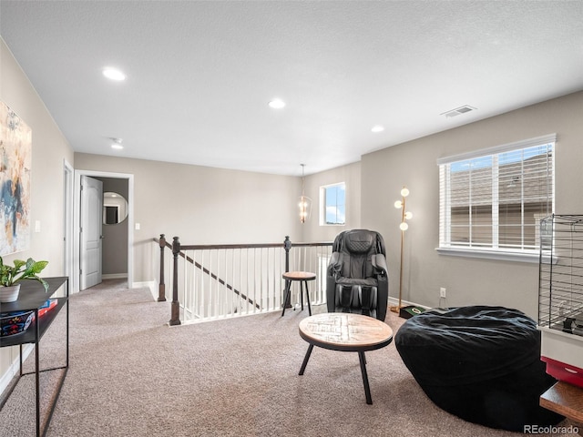 living area with carpet flooring