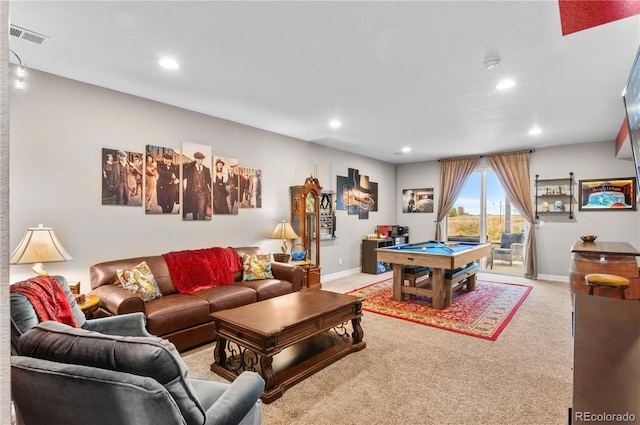 recreation room with billiards and light colored carpet