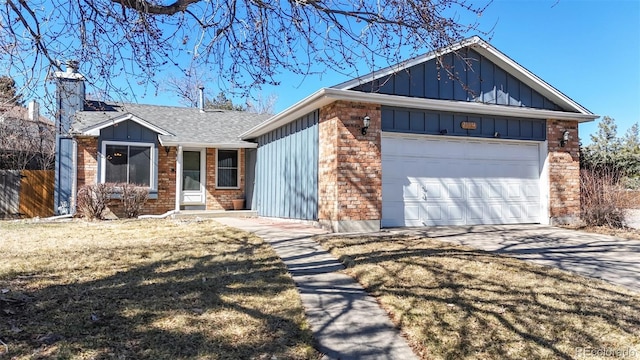 single story home featuring board and batten siding, concrete driveway, brick siding, and a garage