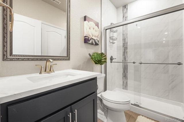 full bath featuring vanity, visible vents, a shower stall, tile patterned floors, and toilet