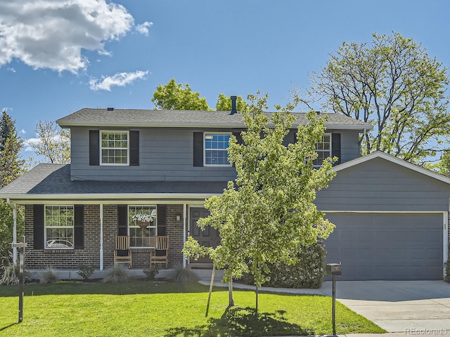 4196 S Reading Way, Denver, CO 80237 - traditional-style home featuring a porch, a front lawn, driveway, a garage, and roof with shingles