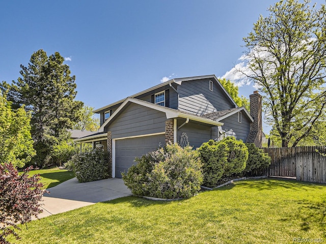 4196 S Reading Way, Denver, CO 80237 - view of side of home featuring an attached garage, concrete driveway, brick siding, and a chimney