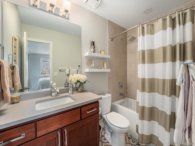 full bathroom with toilet, vanity, and shower / bathtub combination with curtain