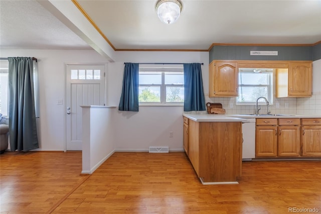 14347 E 134th Ave, Brighton, CO 80601 - kitchen featuring a sink, white dishwasher, light wood finished floors, light countertops, and plenty of natural light
