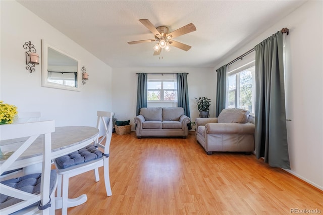 14347 E 134th Ave, Brighton, CO 80601 - living room featuring light wood-type flooring, a ceiling fan, and baseboards