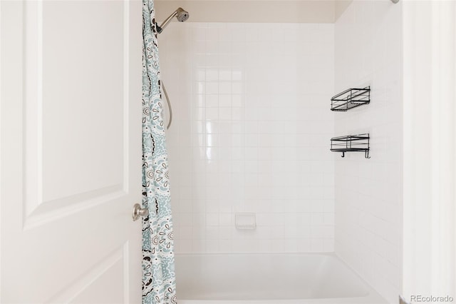 full bathroom with shower / bathtub combination with curtain