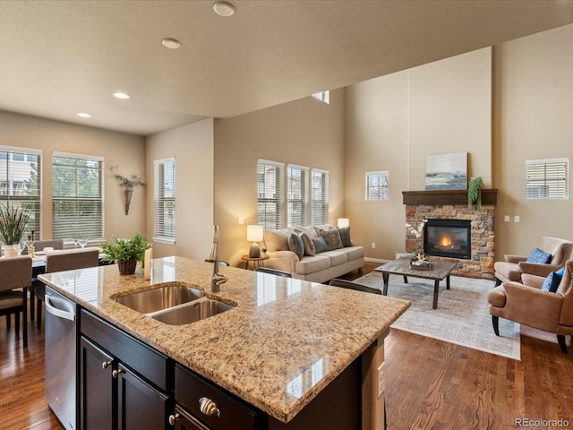 kitchen with stainless steel dishwasher, open floor plan, dark wood-style flooring, and a sink