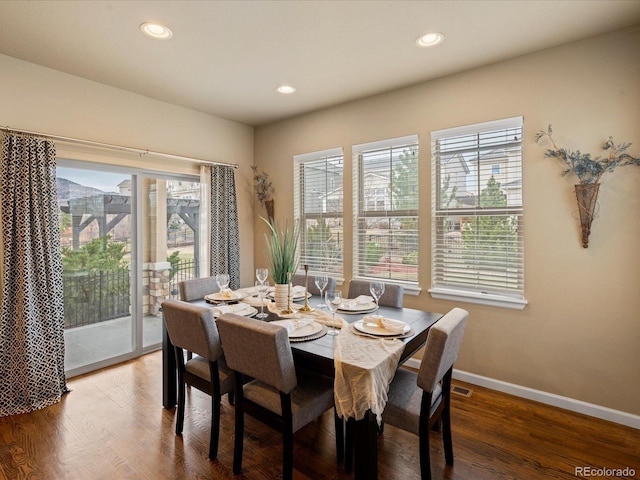 dining room featuring plenty of natural light, wood finished floors, and baseboards