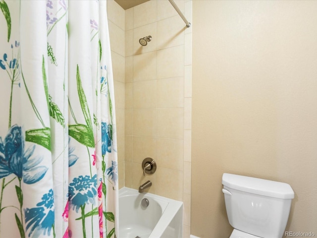 bathroom with toilet and shower / tub combo with curtain