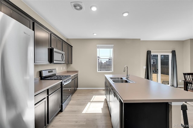 kitchen with visible vents, a center island with sink, appliances with stainless steel finishes, light wood-style floors, and a sink