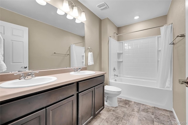 full bath featuring double vanity, visible vents, shower / bath combination with curtain, and a sink