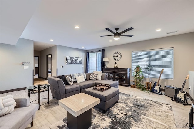 16345 Spanish Peak Way, Broomfield, CO 80023 - living area featuring light wood-style floors, ceiling fan, recessed lighting, and baseboards