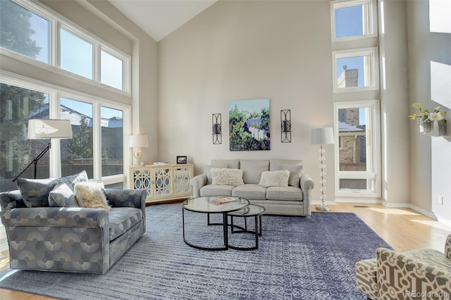 living room with hardwood / wood-style flooring and high vaulted ceiling