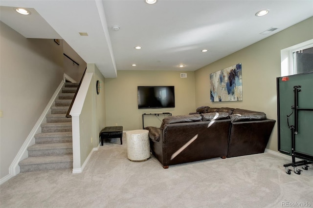 living room with light carpet