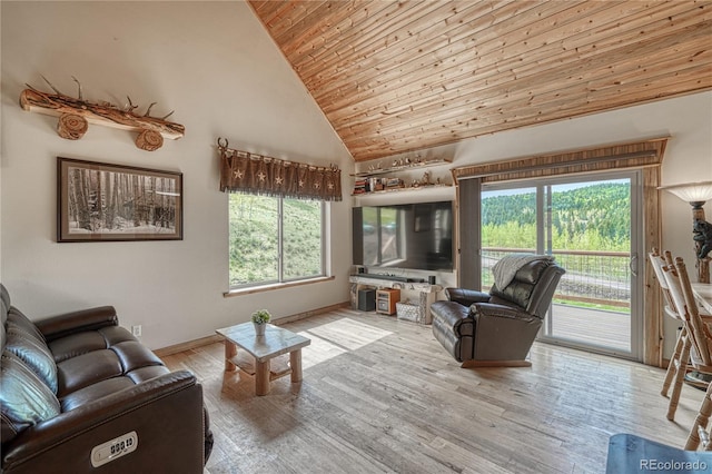 18766 State Highway 67, Divide, CO 80814 - living room with wood ceiling, plenty of natural light, high vaulted ceiling, wood finished floors, and baseboards
