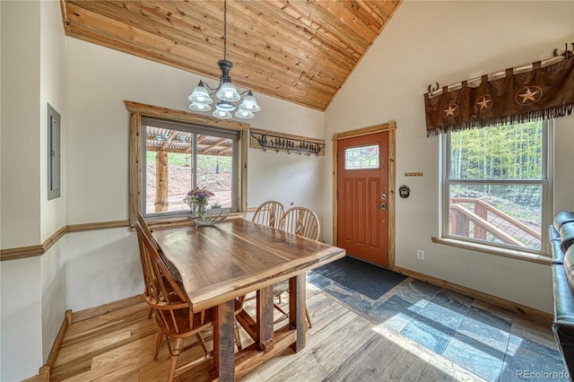 18766 State Highway 67, Divide, CO 80814 - dining space with a chandelier, light wood finished floors, healthy amount of natural light, baseboards, and wood ceiling